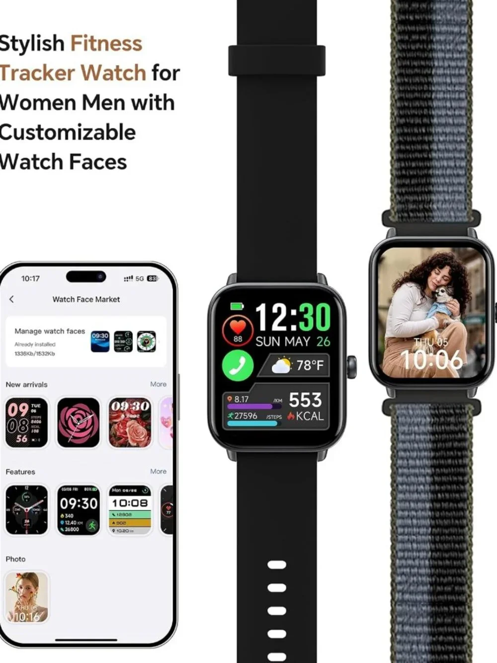Smartwatch for Men & Women, 2 Interchangeable Bands, Android & iPhone Compatible